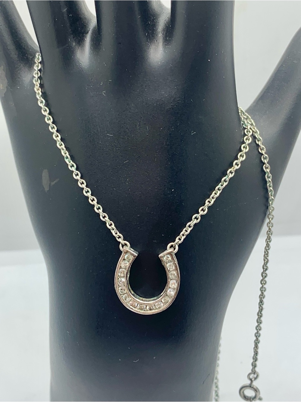 Silver Horseshoe Pendant Necklace with Crystal Accents - White
